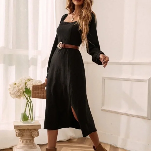 Black Solid Classic Midi Dress Minimalist A-line Work Office - Picture 6 of 6